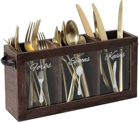 BLU MONACO Espresso Wooden Cutlery & Utensil Caddy – Silverware Organizer Bin for Forks, Spoons, Knives – Perfect for Kitchen Countertop-NeatNest