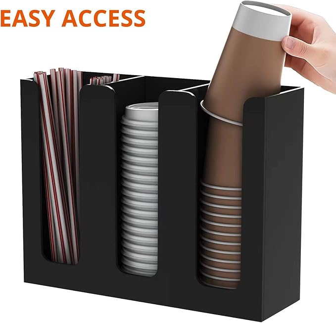 Richboom Acrylic Coffee Cup and Lid Storage Organizer Holder, 3 Compartments, Black-NeatNest