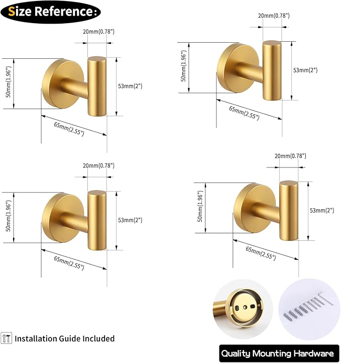 GERZWY Gold Stainless Steel Towel Hook Wall Mounted Robe Hook Heavy Duty Coat Hook Luxury Hooks for Bathroom Hotel 4 Pack AG1307B-BE