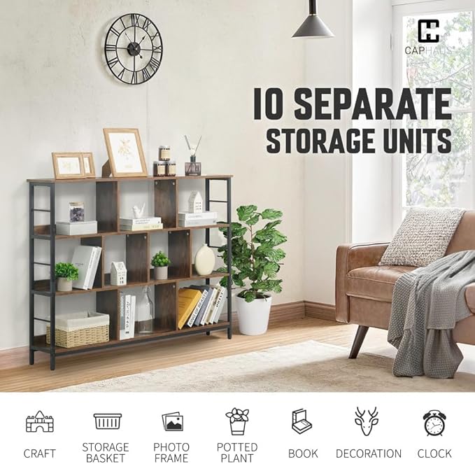 CAPHAUS 10 Cube Storage Organizer, 55” Wide 3 Tier Rustic Oak Industrial Open Shelf Bookcase, Display Shelf, Horizontal Bookshelf with Metal Frame, Wooden Board, for Living Room, Bedroom, Office-NeatNest