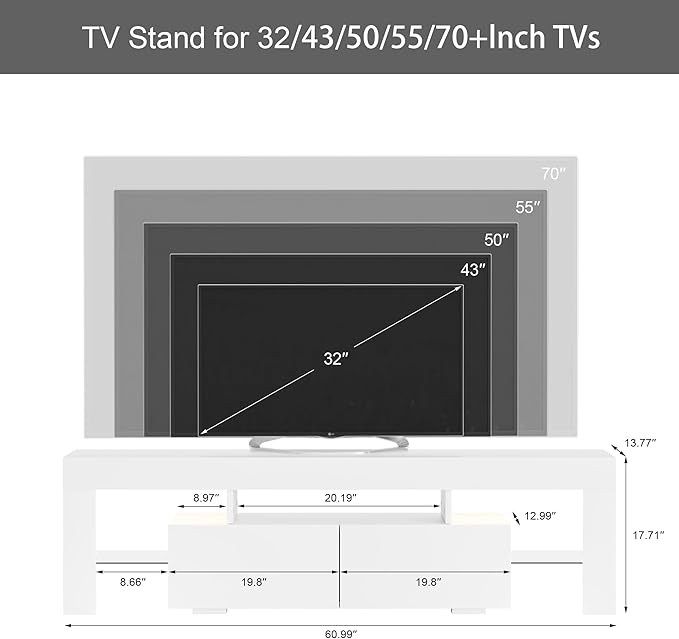JUMMICO TV Stand, Modern Lighting TV Cabinet Entertainment Center Media and Open Shelf, TV Console Table with 1 Drawer and Remote Control, 20 Color LED Lights up to 70 Inch TV (White)-NeatNest