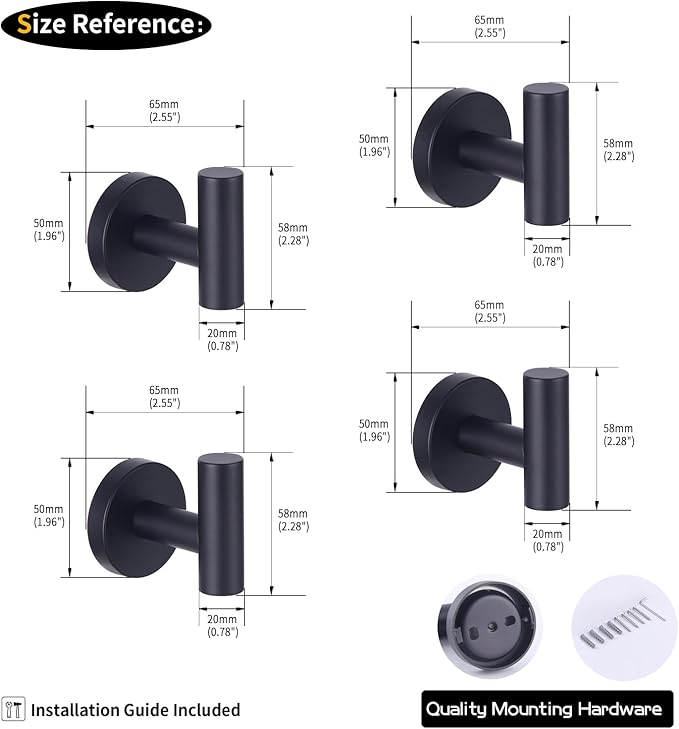 GERZWY Bathroom Matte Black Coat Hook SUS 304 Stainless Steel Towel/Robe Clothes Hook for Bath Kitchen Modern Hotel Style Wall Mounted 4 Pack AG1307B-BK