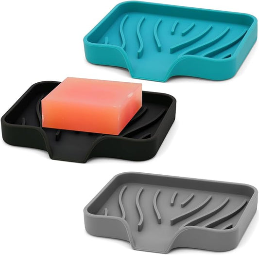 3-Pack Premium Soap Dishes, Easy to Clean Soft Silicone Self Draining Tray/Holder for Shower, Bathroom, Kitchen, Bathtub - Keep Soap Dry, Extend Life-NeatNest