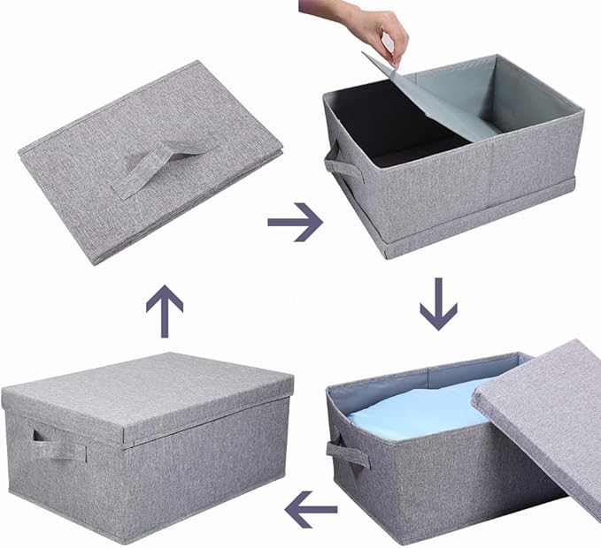 HOONEX Linen Foldable Storage Bins with Lids, 2 Pack, Storage Boxes with Carrying Handles and Sturdy Heavy Cardboard, 16.5" L x 11.8" W x 7.5" H for Shoes, Books, Clothes, Light Grey-NeatNest