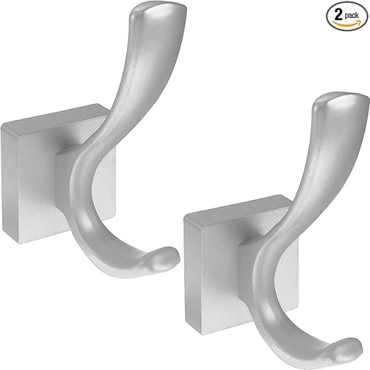 2 Pack Towel Holder for Bathroom Wall Hooks, Bath Towel Rack Shower Towel Holder, Robe Hook Heavy Duty Coat Hooks Entryway Wall Mounted for Hanging Key Robe Hat Backpack (Silver)