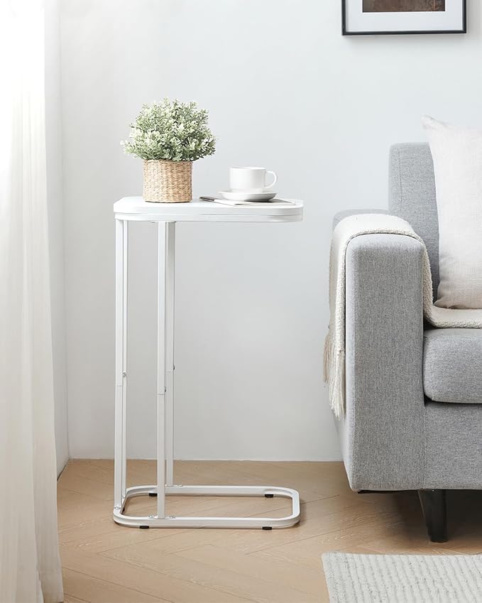 C Shaped End Table, 27 Inches High Small Side Table for Sofa and Bed, Couch Table That Slides Under, Tall Tv Tray Table for Living Room, Bedroom, Metal Frame, Snow White