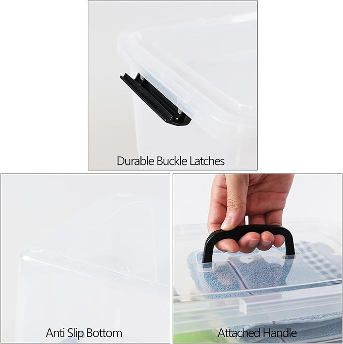4 Pack 10.5 Quart Plactic Storage Latch Bin, Lidded Box with Black Handle, Clear