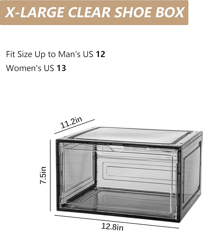 Clear Shoe Box Plastic Stackable Upgraded 6 Pack Shoe Storage Box Organizer with Clear Large Magnetic Door for Display Sneakers Easy Assembly, White-NeatNest