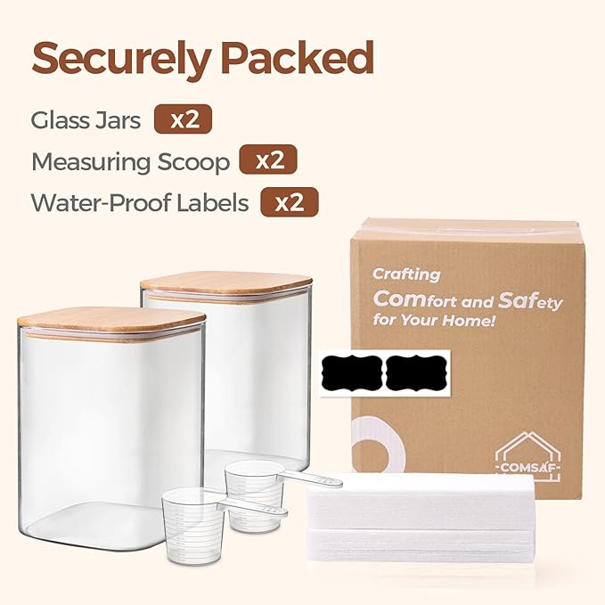 ComSaf 3.6 Qt Glass Food Storage Containers Set of 2, Large Storage Containers with Lids, Square Glass Jars with Lids, for Flour and Sugar, Cereal, Rice, Pasta, Oats, Coffee Beans-NeatNest