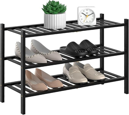 Shoe Rack, 3 Tier Bamboo Shoe Rack for Closet, Stackable Wooden Shoe Organizer, Free Standing Wood Shoe Shelf for Entryway Small Space, 27" x 11" x 20", Black-NeatNest