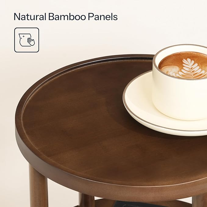 HOOBRO Set of 2 Small Round Side Tables with Charging Station, 3-Tier Round Bamboo End Tables, Compact Sofa Bedside Tables, Easy Assembly, for Living Room, Bedroom, Apartment, Mocha MA152UBZP201