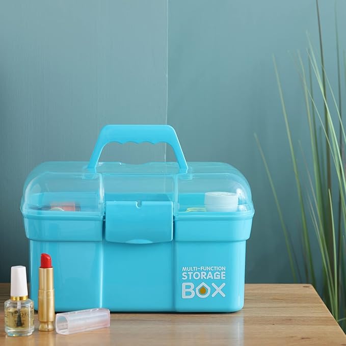 11'' Plastic Storage Box with Removable Tray, Multipurpose Organizer and Storage Case for Art Craft and Cosmetic (Blue)