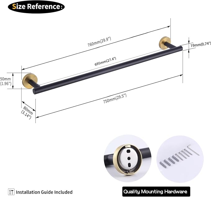 GERZWY Black & Gold Towel Bar, 30 Inch Stainless Steel Bathroom Wall Mounted Towel Rail, Hand Towel Holder AG1101C75-BD