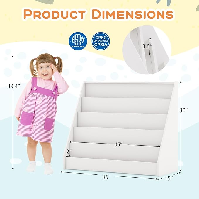 Costzon 5-Tier Kids Bookshelf, Wooden Children Bookcase, Toddler Book Rack, Magazine Storage & Display Shelf, Book Shelf for Kids Room, Living Room, Nursery, Classroom (White)-NeatNest