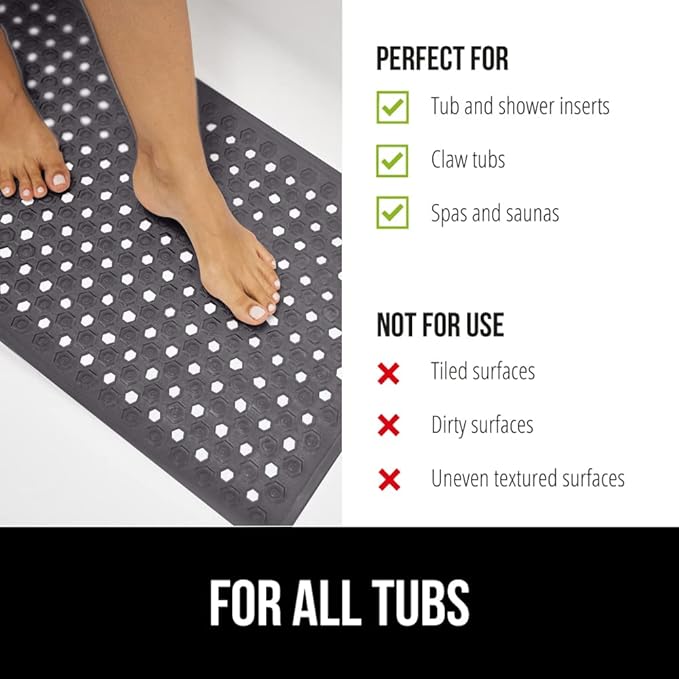 GORILLA GRIP Patented Bath Tub Shower Mat, Machine Washable Bathtub Floor Liner Mats, Suction Cups and Drain Holes to Keep Tubs Clean, Soft on Feet, Bathroom Essentials, 35x16 Inch, Charcoal Opaque-NeatNest
