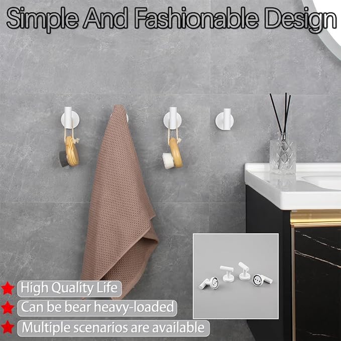 GERZWY Stainless Steel Towel Hook Wall Mounted Robe Coat Hook Heavy Duty Luxury Hooks for Bathroom Hotel 4 Pack, White