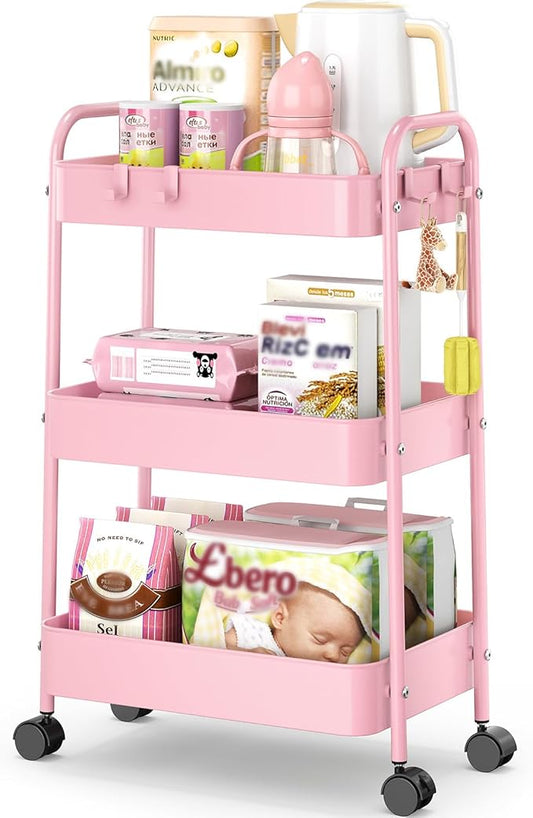 TOOLF Metal Utility Cart，3 Tier Rolling Cart wth 4 Hooks Storage Cart on Wheels Craft Cart with Handle for Organizer Storage for Classroom Office Dorm Home Pink