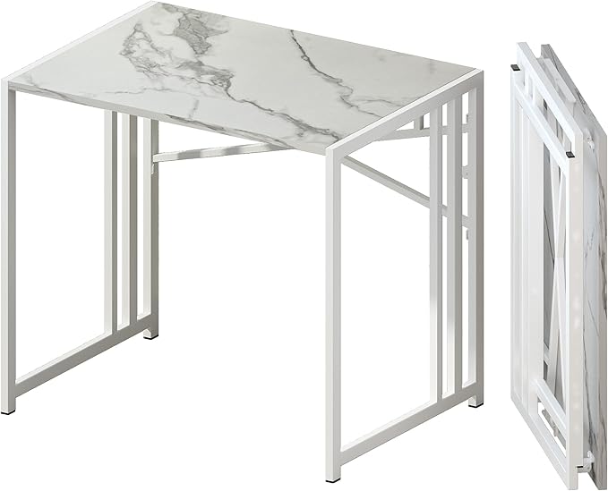 32 inch Folding Small Desk, Writing Gaming Computer Camping Desk for Small Spaces, No Assembly Required Home Office Desk, White Marble-NeatNest
