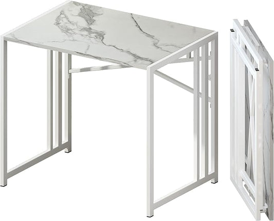 32 inch Folding Small Desk, Writing Gaming Computer Camping Desk for Small Spaces, No Assembly Required Home Office Desk, White Marble-NeatNest
