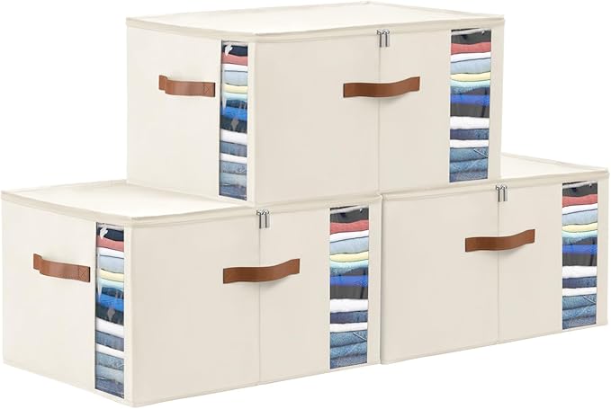 WELTRXE 65L Comforter Storage Bag with Handles, Clothing Storage Container for Quilt, Sheet, Bedding, Large Closet Organizer with Dual Zipper, Underbed Organization and Storage, Beige, 3-Pack-NeatNest