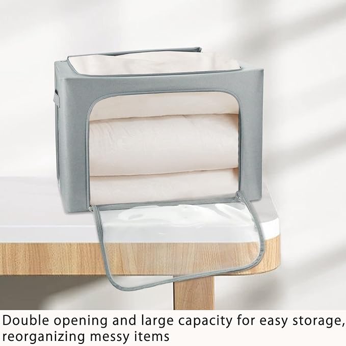 Clothes Storage Box Bins Stackable Foldable Organizer,Sturdy Handles with Metal Frame for Clothing Bedding Shelves,Closet Container with Clear Window Zipper and Label Holder (Gray, 66L x3 Pack)-NeatNest