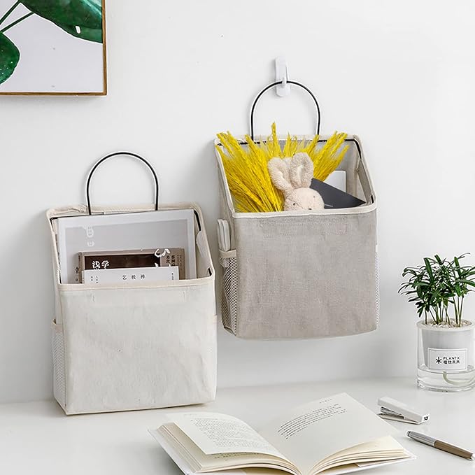 2 Pack Wall Hanging Storage Bag, Hanging Organizer Bag with Sticky Hook, Wall Organizer for Dormitory Bathroom Bedroom Kitchen (Grey Grid-NeatNest