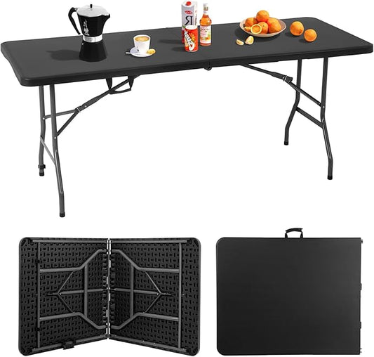 6ft Folding Table, Heavy Duty Foldable Table with Handle, Portable Fold-in-Half Utility Tables for Indoor & Outdoor Use Perfect for Camping BBQ Party Wedding Market Events, Black-NeatNest