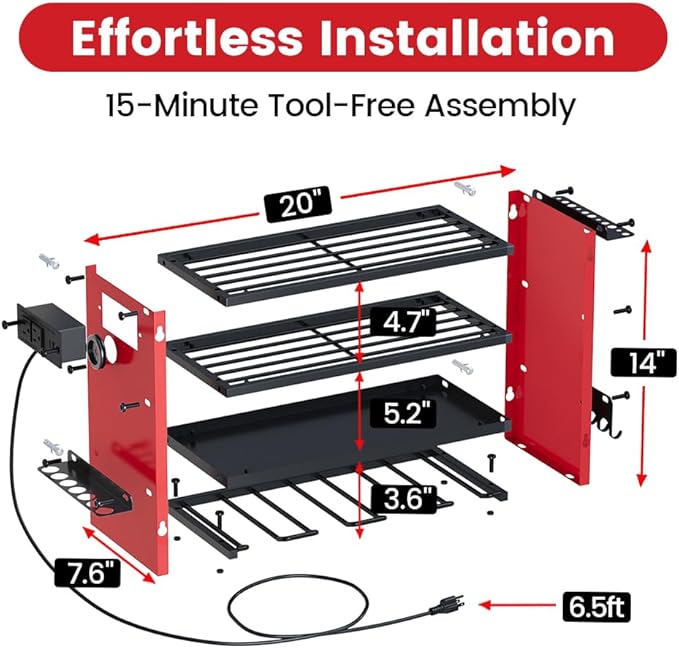 4 Layers Power Tool Organizer Wall Mount with Power Strip, Heavy Duty Metal Shelf, 400lbs Capacity for Cordless Drills, Batteries & Garage Storage (4 Slots with 2 Outlets Power Strip)