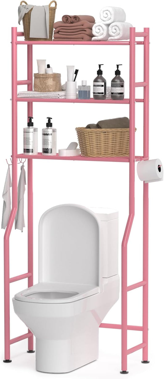 3-Tier Over The Toilet Storage, Space Saver Metal Bathroom Shelves, Freestanding Above Over Toilet Storage Shelf with 4 Hooks for Bathroom, Pink-NeatNest
