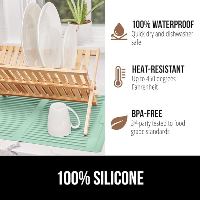 GORILLA GRIP 100% BPA-Free Patented Silicone Dish Drying Mat for Kitchen Counter, 18x24 Inch, Water Catching Ribbed Design, Easy Clean Waterproof Sink Liner, Heat Resistant, Fits Under Rack, Mint