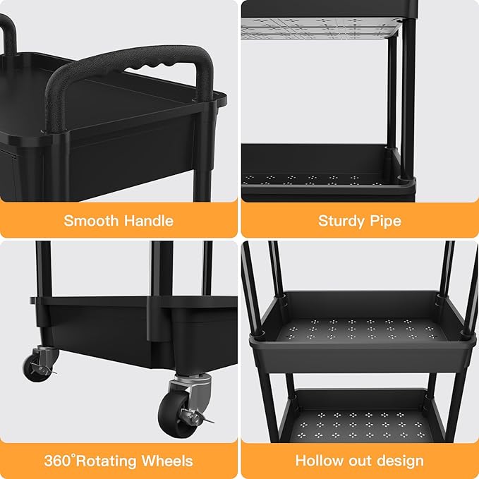 4 Tier Rolling Utility Cart with Drawer,REBECAT Utility Cart Made of Multifunctional Storage Organizer Tool for Kitchen,Bathroom,Living Room,Office(Black)-NeatNest