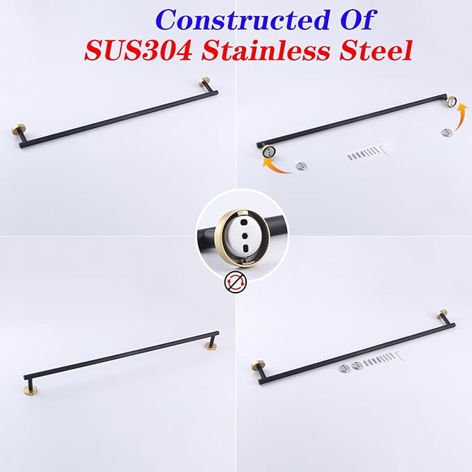 GERZWY Stainless Steel 33 Inch Towel Bar Black Towel Rack Wall Mounted Towel Rail Towel Rod for Bathroom (Black & Gold) AG1101C85-BD