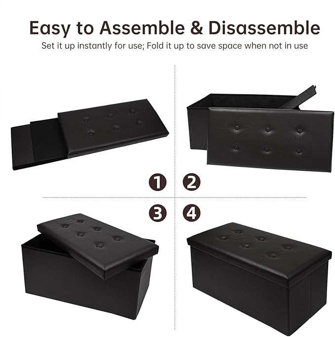 30 Inches Folding Storage Ottoman Bench, Faux Leather Footrest Ottoman, Storage Trunk Footrest for Bedroom, Living Room and Hallway, Support 350lbs, Black Black line