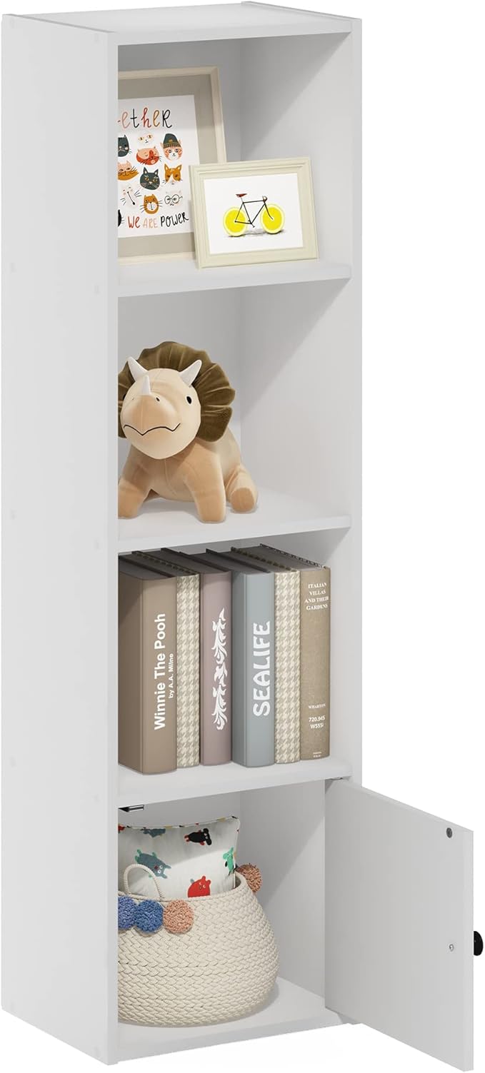 Furinno Luder Shelf Bookcase with 1 Door Storage Cabinet, White-NeatNest