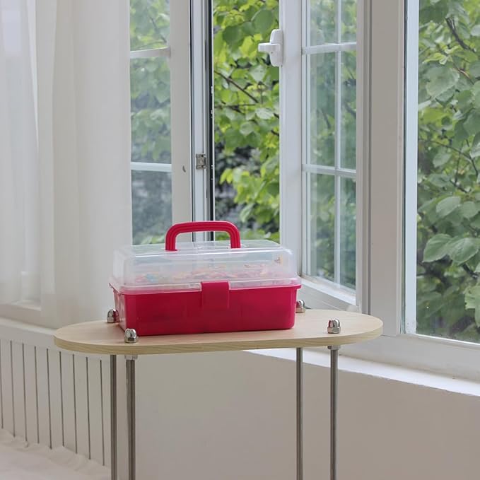 BangQiao 2-Tier Trays Clear Rose Red Plastic Storage Container Organizer Box, Multipurpose Portable Carrying Case with Latch Lock and Handle for Art, Craft, Sewing Supplies, First Aid, Makeup