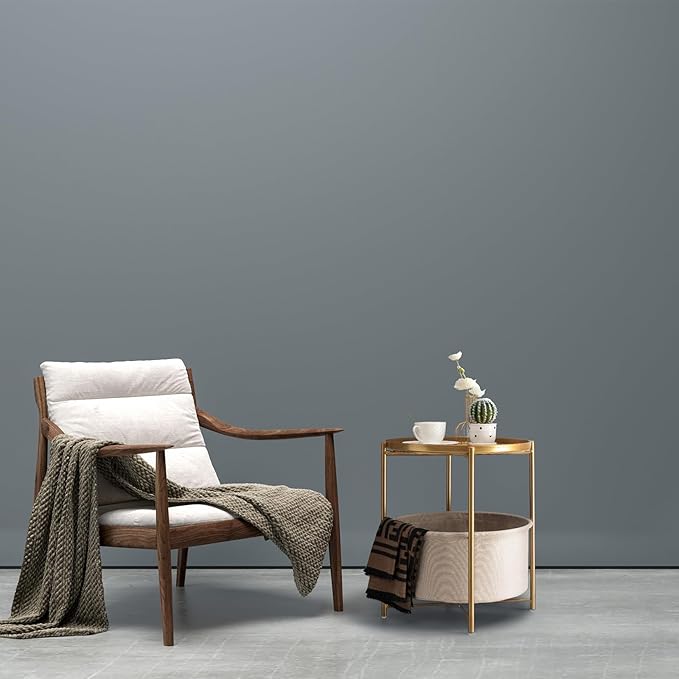 danpinera Round Side Table with Fabric Storage Basket, Metal Side Small Bedside Table Nightstand with Removable Tray Top for Living Room, Bedroom, Nursery, Laundry, Gold-NeatNest