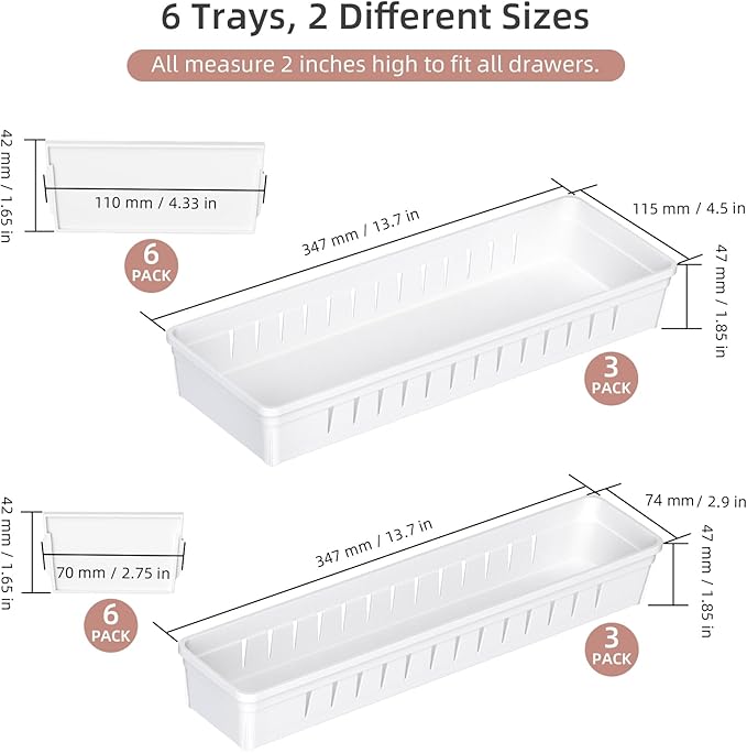 6 PCS Desk Drawer Organizer, Bathroom Drawer Organizer Trays with Dividers Adjustable, Makeup Organizer Bins for Vanity Clothes Junk Kitchen Utensil