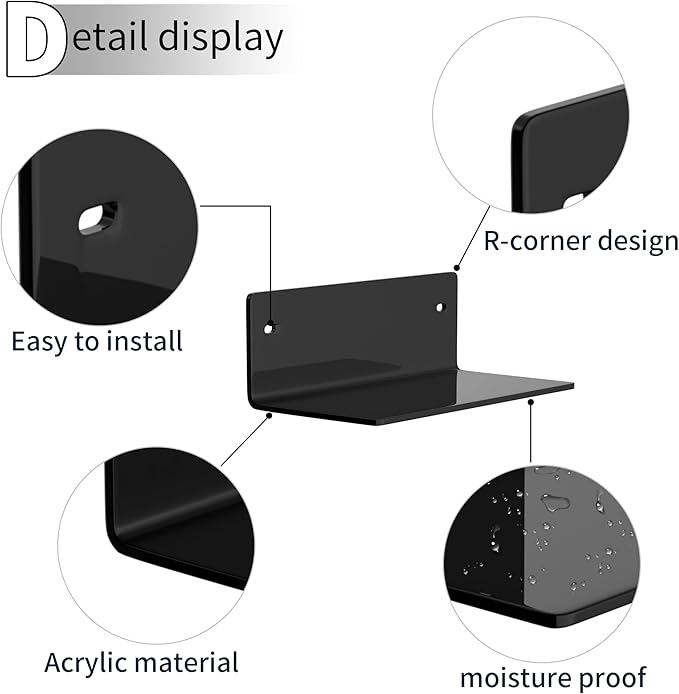 8 Inch Black Small Wall Shelves, Acrylic Wall Mounting Ledges Display, Acrylic Black Shelf for Figures, Collectibles, Plants, Décor, Toiletries, 4'' Depth, 2 Pack-NeatNest