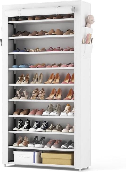 ROJASOP Shoe Rack with Covers 10 Tier Large Shoe Organizer Tall Shoe Closet Storage for 50-55 Pairs Shoe and Boot, Free Standing Shoe Rack Organizer for Closet, Entryway, Bedroom, White-NeatNest
