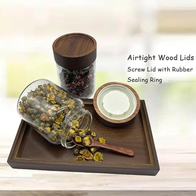 Clear Glass Storage Canister with Airtight Wooden Screw Lid 11oz/350g 2 PACK with Tray,Decorative Container Jar for Coffee,Spice,Candy,Salt,Cookie,Condiment,Pepper,Sugar,Overnight Oatmeal-NeatNest