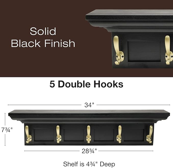 EXCELLO GLOBAL PRODUCTS Black 34" Coat Rack with 5 Gold Hooks: Ready to Hang Entryway Coatrack for Organization of Jackets, Hats, Scarves, Keys & Purses (Black)-NeatNest