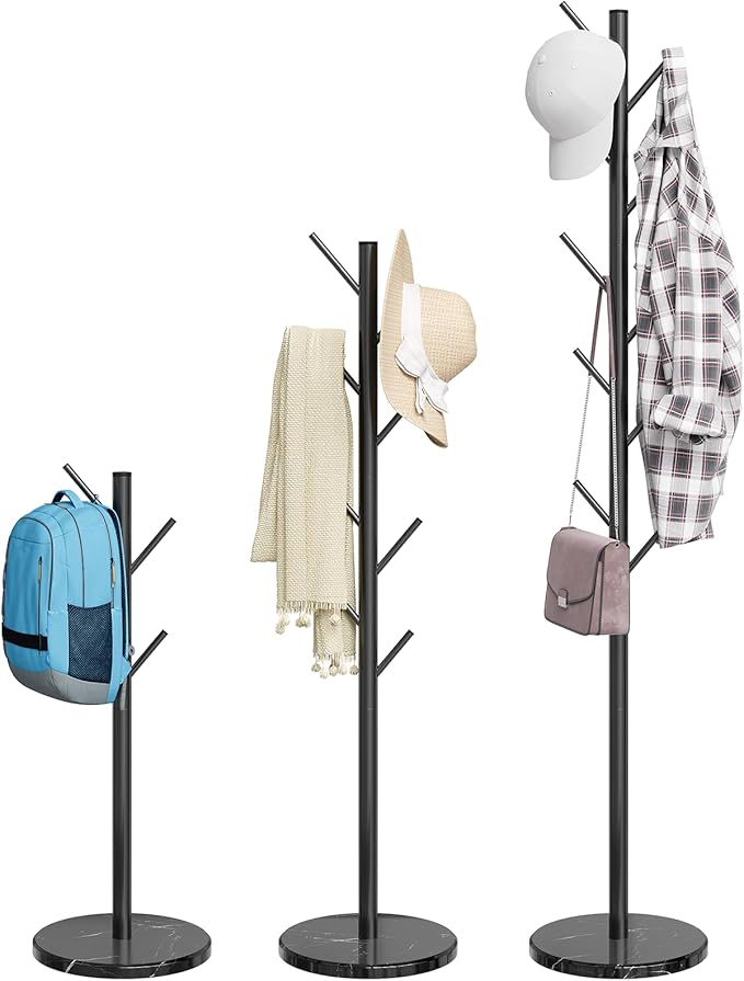 ELYKEN Coat Rack Freestanding with Natural Marble Base, Metal Coat Rack Stand with 10 Hooks, 3 Adjustable Size Coat Tree for Bags, Clothes, and Hats for Entryway, Bedroom, Hallway, Office, Black-NeatNest
