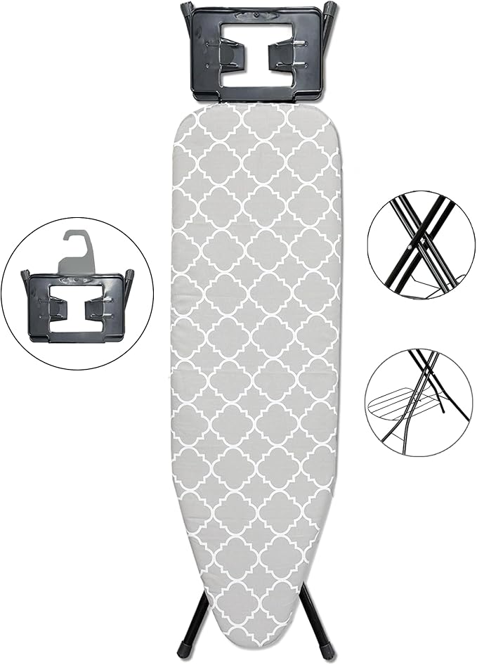 ZESTFULLIFE Ironing Board Full Size (52x13.5) with Bottom Storage Tray, 7 Adjustable Heights with Smart Hanger, Thick Layer Pad, Ironing Board Cover with Durable Steel Legs, Easy Folding for Storage