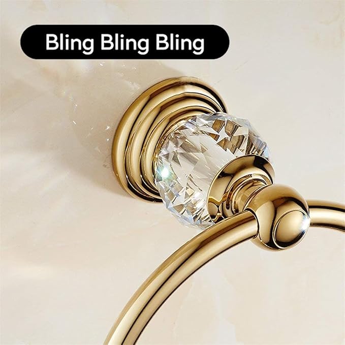 Gold Towel Ring - SUS304 Stainless Steel Wall Mounted Hand Towel Holder for Bathroom - Kitchen & Bathroom Towel Rack - Crystal Towel Hanger - Round Hand Towel Rack