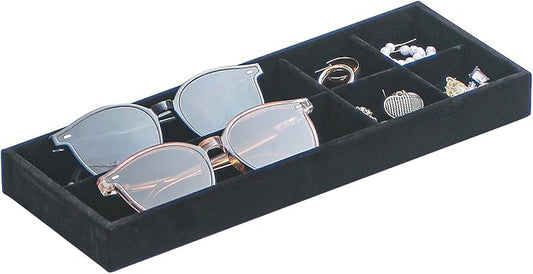Divided Drawer Organizer Tray, Velvet Jewelry Storage Tray, Necklace Bracelet Ring Earring Display Tray,Bedside Nightstand Desk Holder Tray for Phone Watch Sunglasses Cosmetics Storage/Black/6grid-NeatNest