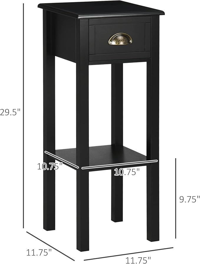 HOMCOM 2-Tier Side Table with Drawer, Narrow End Table with Bottom Shelf, for Living Room, Set of 1, Black