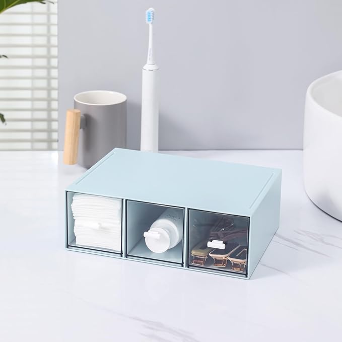 Plastic 3 Drawer Organizer for Cosmetic Storage, Desk Organizer, Makeup Organizer for nail polish, Lipstick, Brushes, Jewelry, Skincare, Bathroom Organization Boxes - Blue-NeatNest