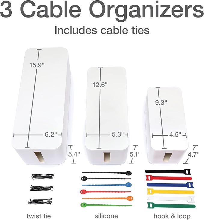 Oxford Cable Management Boxes, 3 Pack, Small, Medium, Large, 15 Cable Ties (Hook & Loop, Silicone,Twist Ties), Power Strip Organizer, White (27800)