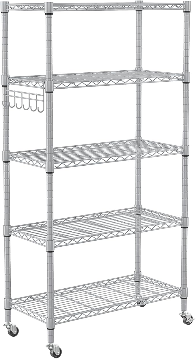 Homdox 5 Tier Adjustable Rolling Storage Shelves, Heavy Duty Wire Racks and Shelving, Metal Shelves for with Side Hooks Pantry Closet Kitchen Garage Organization, Silver Gray-NeatNest