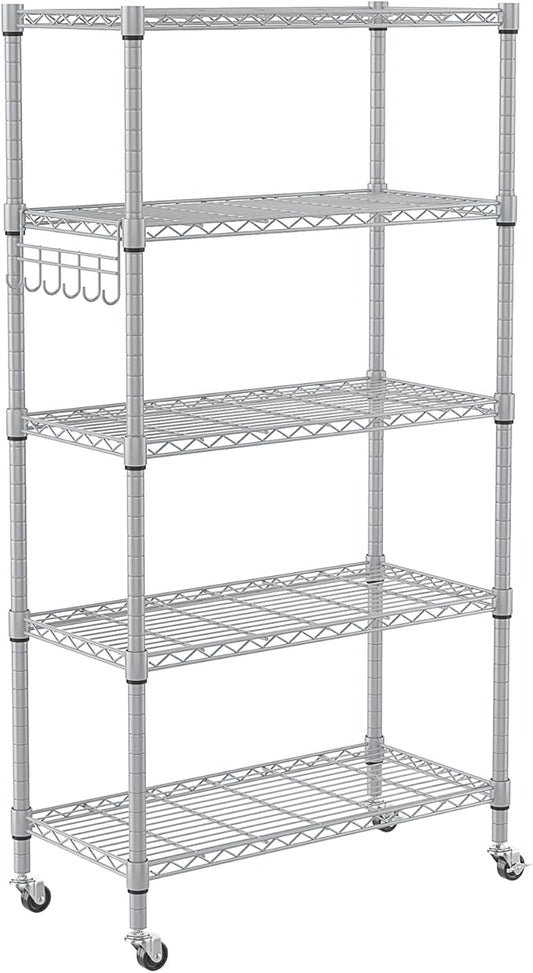 Homdox 5 Tier Adjustable Rolling Storage Shelves, Heavy Duty Wire Racks and Shelving, Metal Shelves for with Side Hooks Pantry Closet Kitchen Garage Organization, Silver Gray-NeatNest